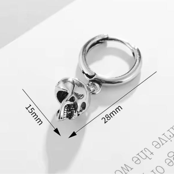 Halloween gothic vintage black Silver Skull Hoop Earrings - Picture 3 of 9